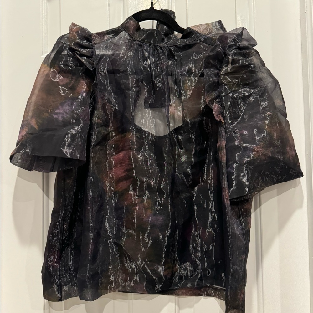 Marie Oliver Perry Top Moon Dye Silk Blouse Blue Purple Puff Sleeve Feminine - Picture 8 of 8